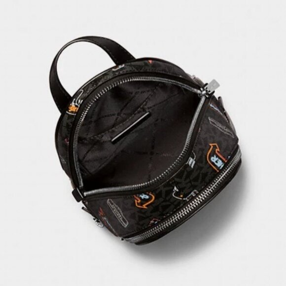 New Michael Kors Rhea Extra-Small Printed Signature Logo Backpack Black Multi